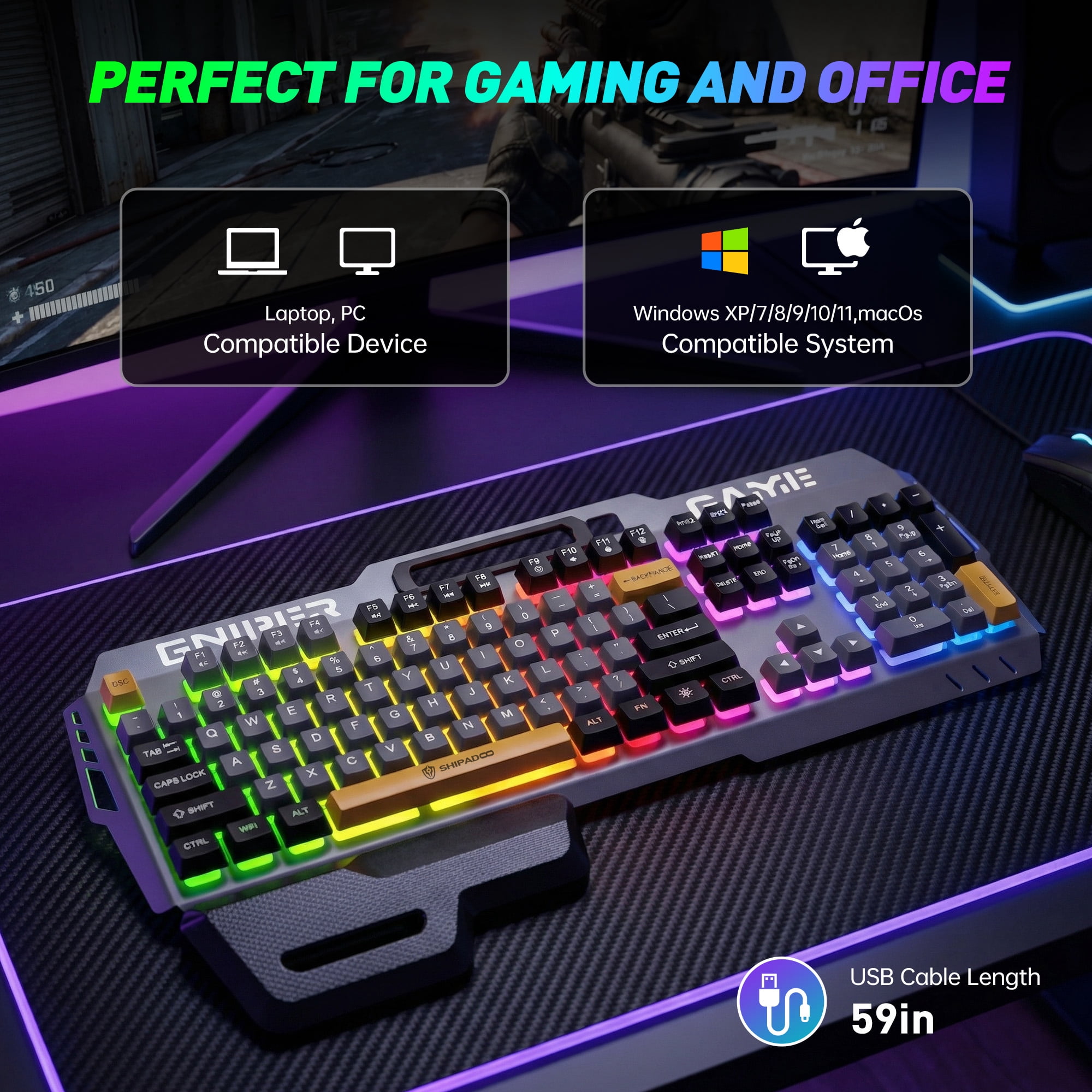 104 Keys RGB Light up Gaming Keyboard, All-Metal Panel & IPX3 Waterproof with Detachable Wrist Rest - USB Wired Computer Keyboard for Windows PC Gamer, Black & Gray