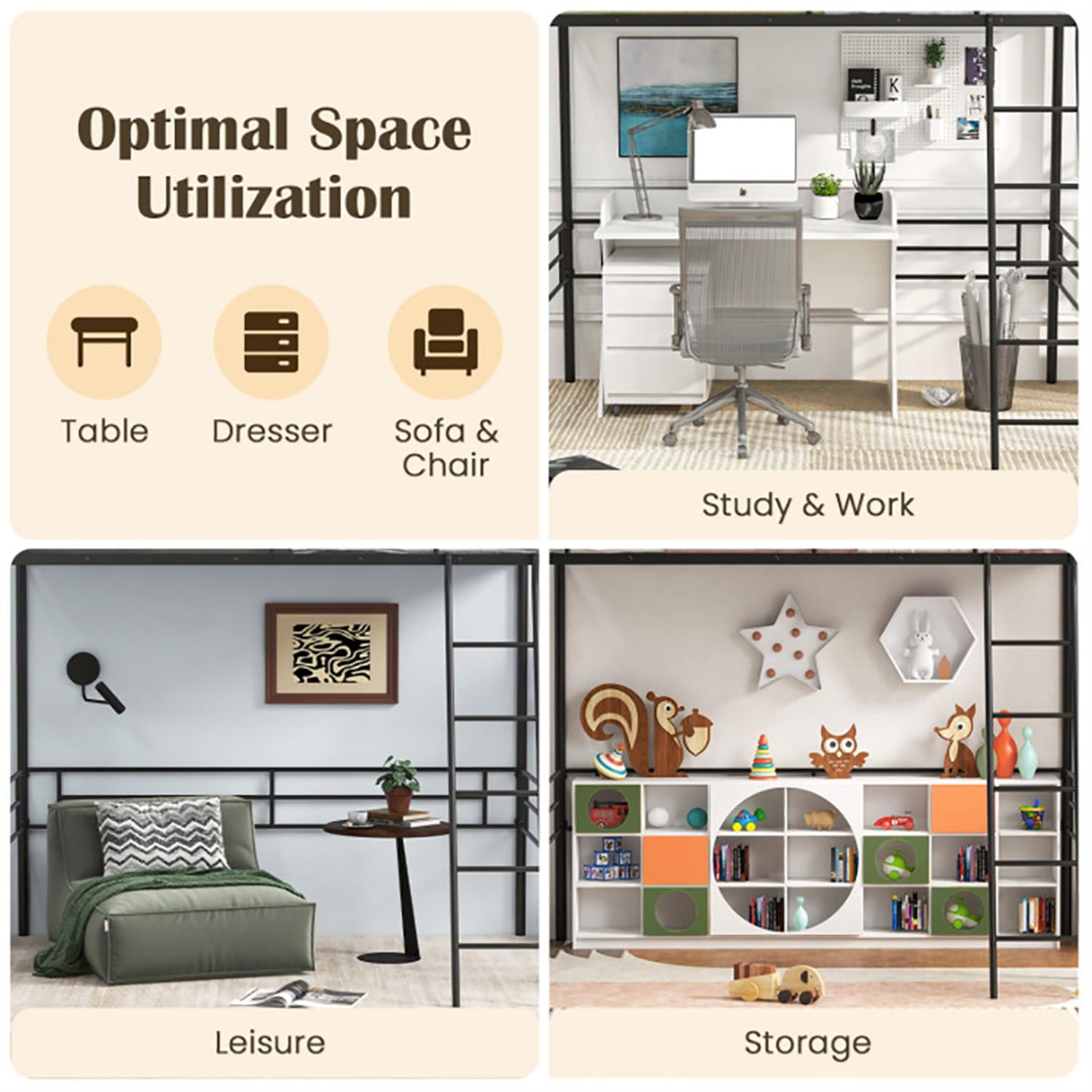 Demi Bonn Twin Metal Loft Bed Frame with Ladder and Metal Slats Support, Twin, Black
