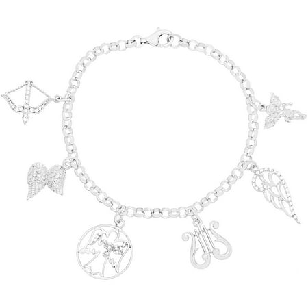 Lesa Michele Cubic Zirconia Sterling Silver Angel/Wings/Harp Charms Bracelet in Sterling Silver