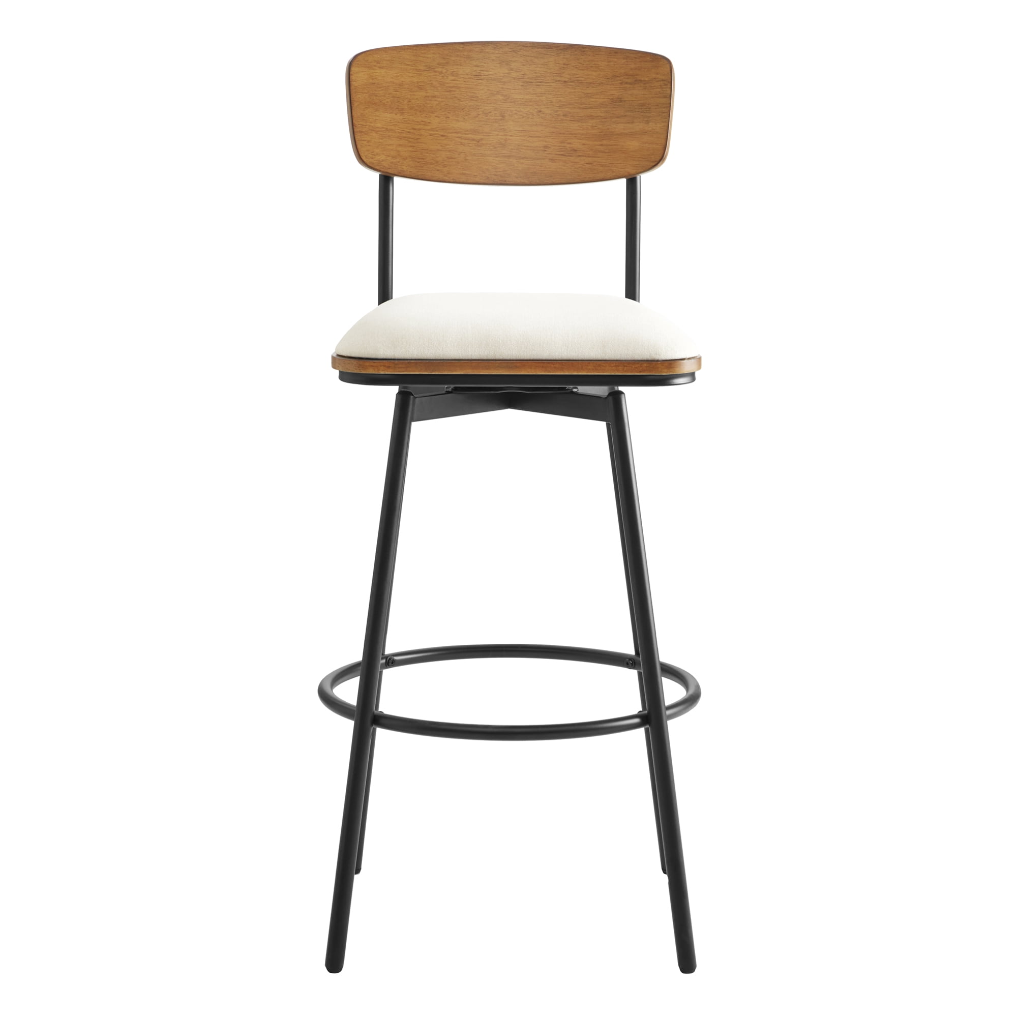 Spruce & Spring Bar Height Swivel Bar Stool with Wood Back and Metal Base Set of 2, White, Fabric