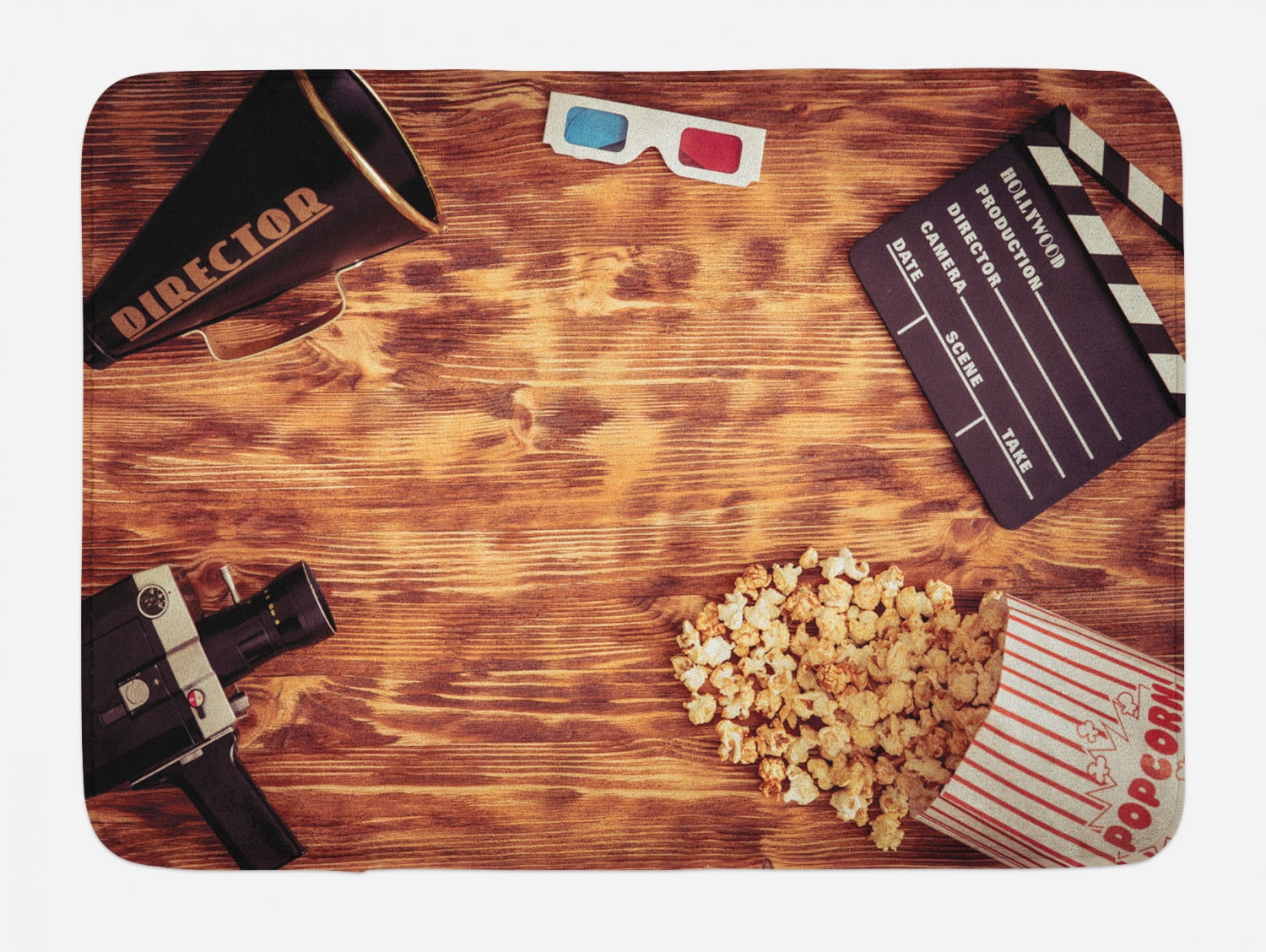 Movie Theater Bath Mat, Retro Cinema Objects on a Wooden Table Top View ...