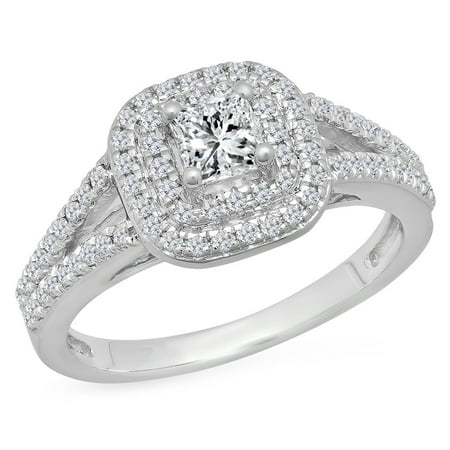 1.00 Carat (Ctw) 10K White Gold Princess & Round Cut White Diamond Ladies Split Shank Halo Bridal Engagement Ring 1 CT
