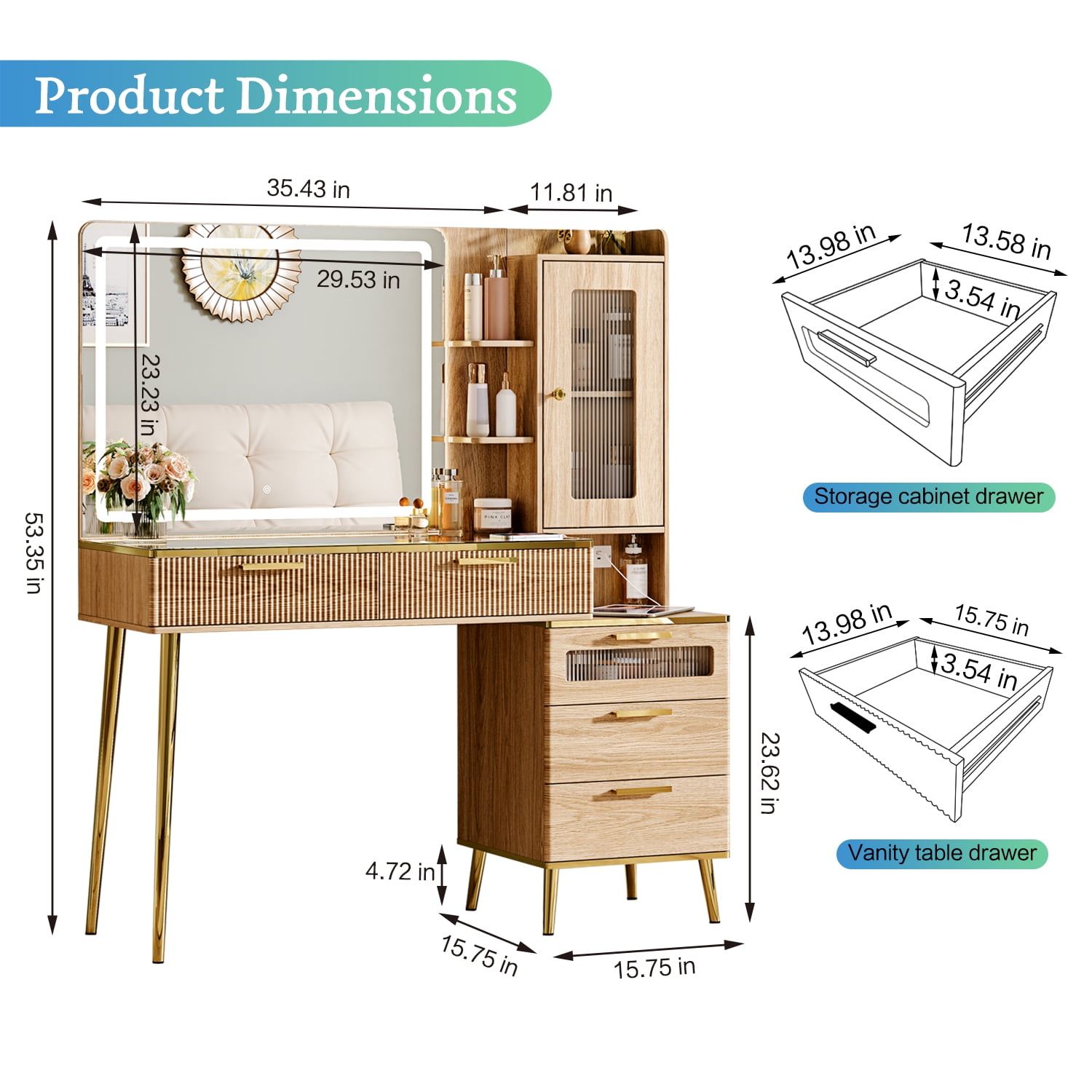 Arulvmrn Vanity Desk 47.24", HD Lighted Mirror w/ 3-Color Touch, 5 Drawers, Charging, Oak