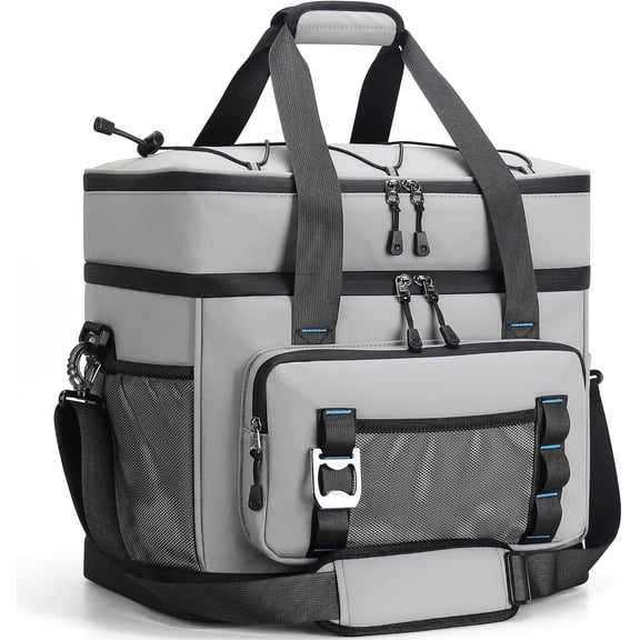 Double-Decker Insulated Cooler Bag, 60-Can Capacity, Leak-Proof Waterproof Collapsible Design, Gray