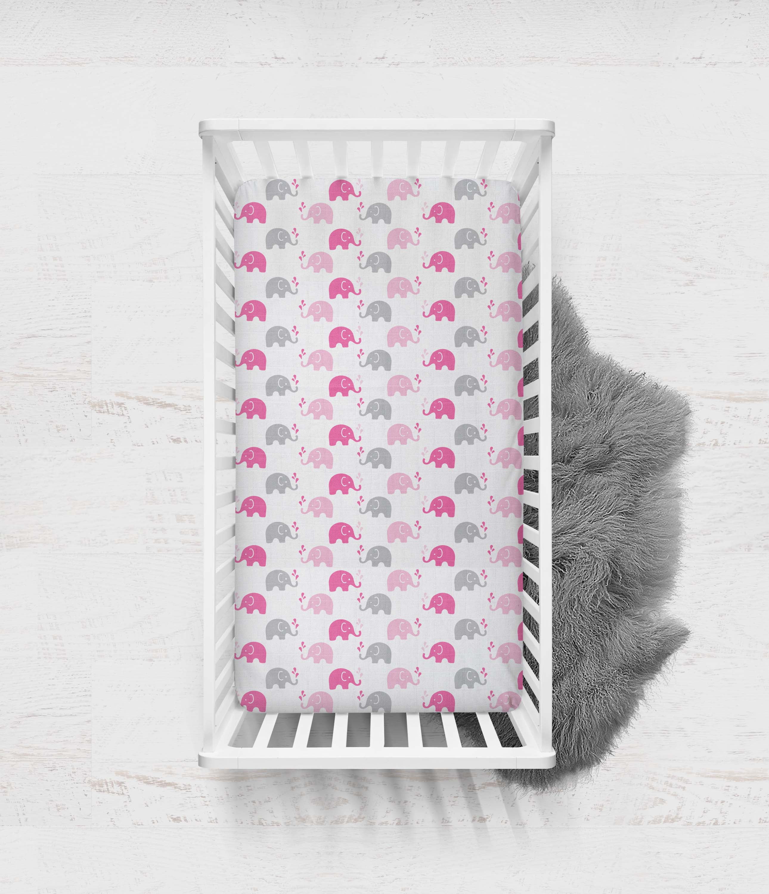 Bacati - Elephants Crib/Toddler Bed Fitted Sheets 100% Cotton Muslin 2 Pack, Pink/Gray