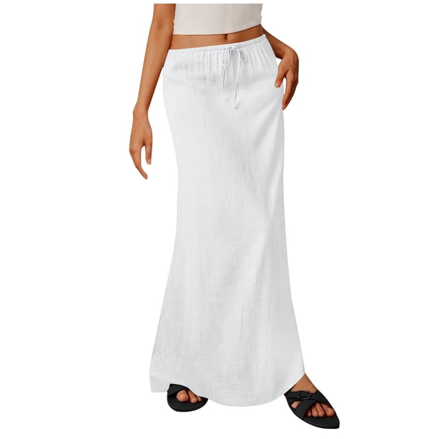 Tauxra Solid Color Maxi Skirt for Women Elastic Waist Long Skirt with Drawstring Casual Flowy Boho Skirt Summer Spring Daily Wear Solid Color Long Skirt for Women