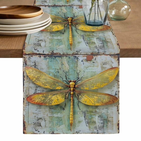 Ombre Dragonfly Table Runner, Vintage Abstract Oil Painting Washable Cotton Linen Table Runners 72 Inches Long, Dresser Scarf Runner for Dining/Coffee/Kitchen/TV Stands/Cabinets 13''x72''