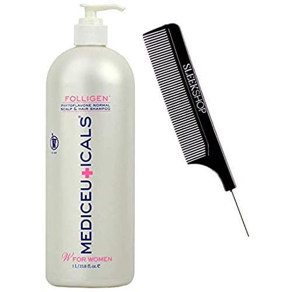 Therapro MEDIceuticals FOLLIGEN Normal Scalp & Hair SHAMPOO for WOMEN (w/Sleek Steel Pin Tail Comb) Woman Suffering from Hair Loss. (33.8 oz / 1000 ml - LARGE LITER SIZE)