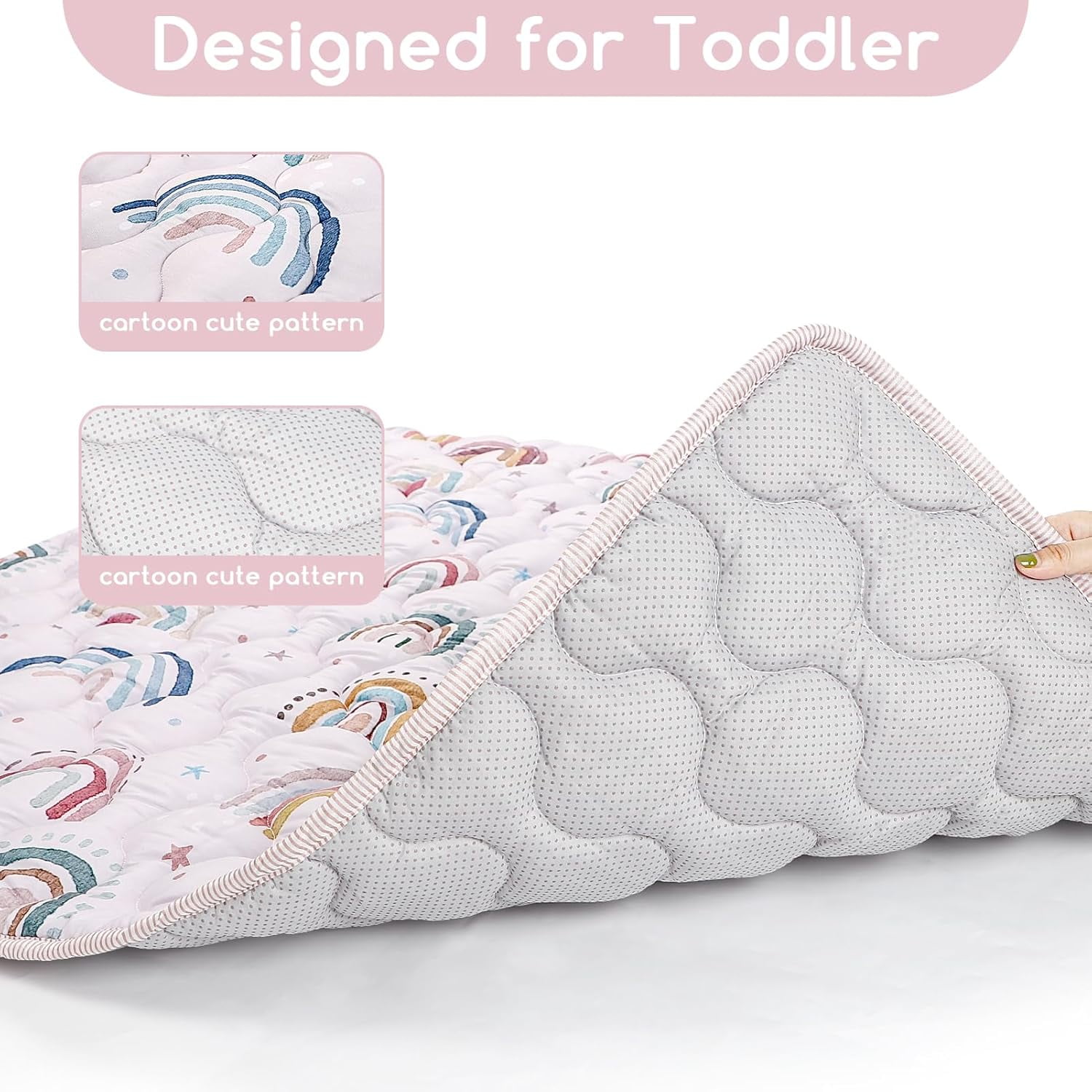 Play Mat for Floor, 127x127 cm Playpen Padded Mat, Soft Infant Tummy Time Crawling Mat,Anti Slip, Pink Rainbow