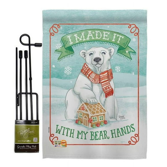 Breeze Decor BD-XM-GS-114156-IP-BO-D-US18-WA 13 x 18.5 in. My Bear Hands Winter Christmas Impressions Decorative Vertical Double Sided Garden Flag Set with Banner Pole