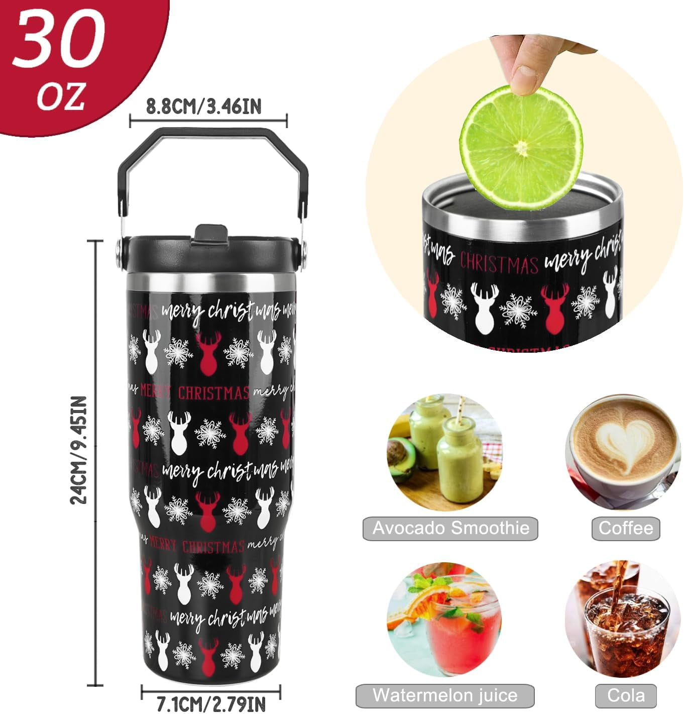 Christmas Tumbler with Handle and Straw Elk Tumbler Insulated Stainless Steel Cups Snowflake Coffee Travel Mug Winter Merry Christmas Gifts Decor-30 oz(1PCS)