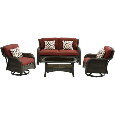 Hanover Strathmere 4-Piece Outdoor Patio Deep Seating Lounge Set with Loveseat 2 Swivel Chairs with Thick Foam Cushions Four Accent Pillows and a Glass-Top Coffee Table | STRATH4PCSW-LS-RED