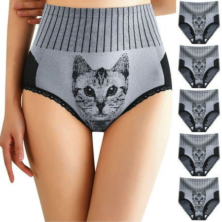 

qazqa 5pcs women ladies cat head printed high waist lace panties underwear grey xl