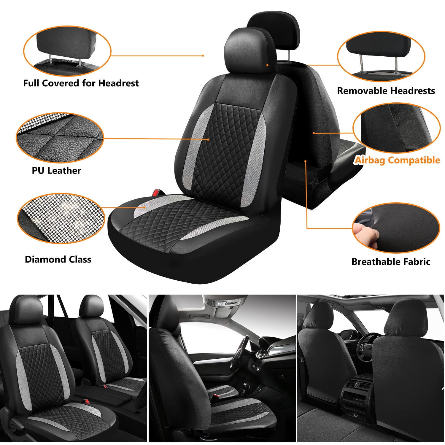 Bling Diamond Car Seat Covers Full Set, Shining Rhinestone Faux Leather Automotive Seat Cushion Universal fits Most Cars