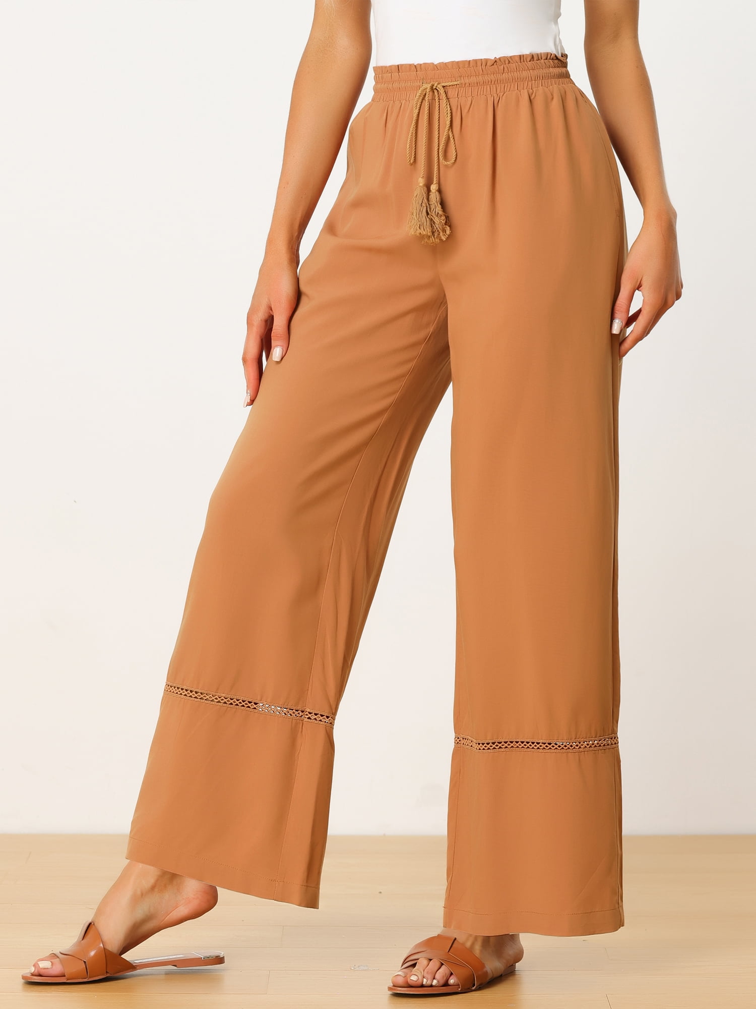 Unique Bargains Women's Loose Drawstring Wide Leg Palazzo Trousers S Dusty Orange