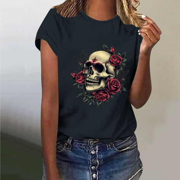 Tops for Women under $5 Short Sleeved Printed Round Neck T-shirt 1-Black S