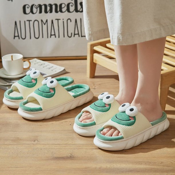 Zapatillas de lino para el hogar, zapatillas de piso para interiores de suela gruesa para las cuatro estaciones, zapatillas de rana para hombres y mujeres
