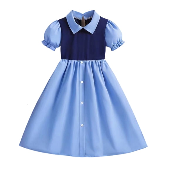JAJAHO Girls Puffy Short Sleeve Dress Kids Girl Sundress Button Down Collar Preppy Style Swing A-Line Mini Dress Size 1-8 Years Cozy Dresses