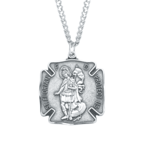 Sterling Silver Patron Saint St Florian Firefighters Medal, Patron Patron Saint St of Firefighters, 24" Rhodium Plated Stainless Steel Chain Necklace, Made in USA - Deluxe Velvet Gift Box