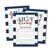 25 Ahoy It's A Boy Nautical Baby Shower Invitations, Sprinkle Invite for Little Man Gender Anchor Theme, Cute Printed Fill or Write In Blank Printable Card, Unique Vintage Coed Party Paper Supplies