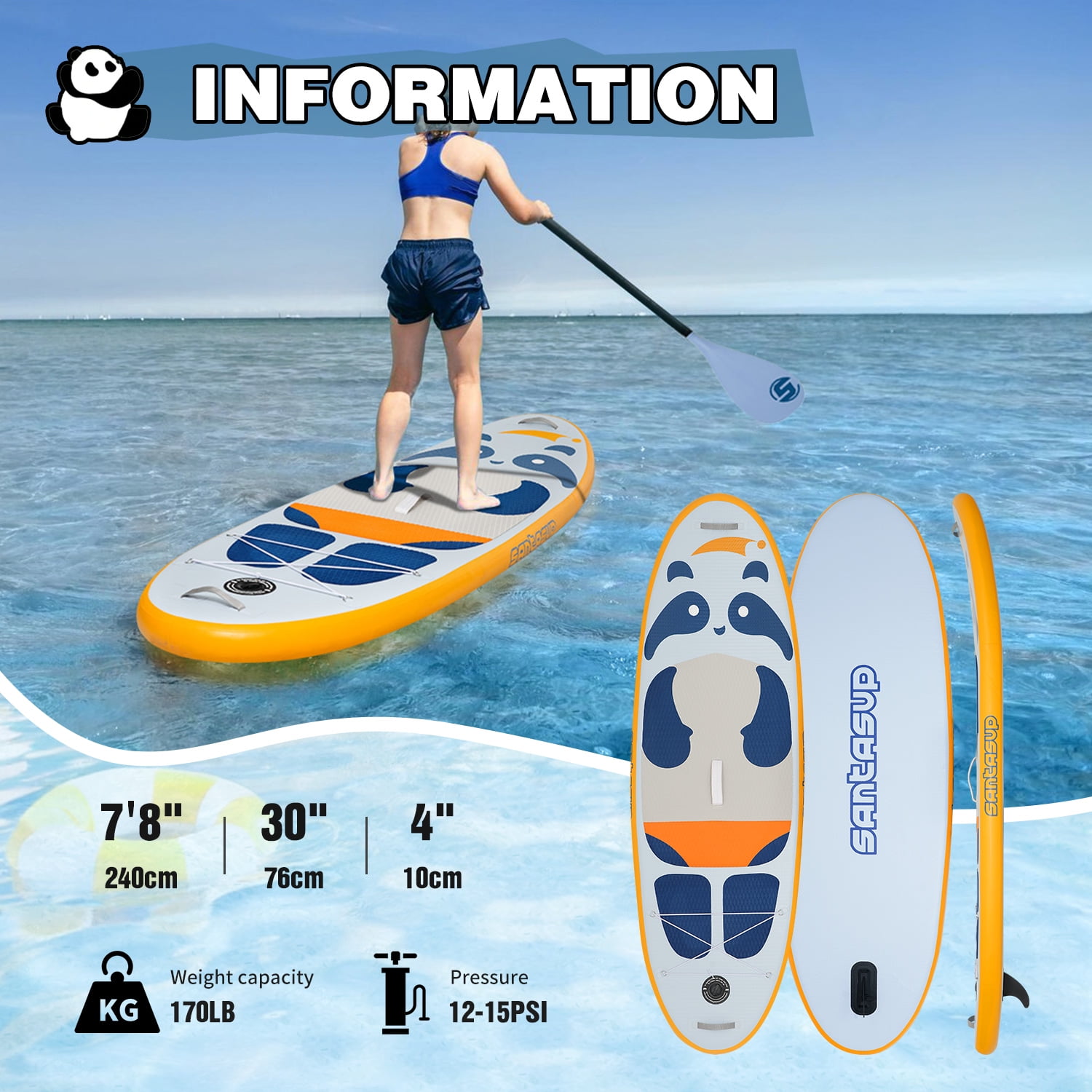 Santasup Kids Inflatable Paddle Board, 8ft Blue Panda with Paddle Board Accessories for Kids, Stand Up Paddle Board Durable, Stable Design, Wide Non-Slip Deck, Hand Pump for Youth & Kids