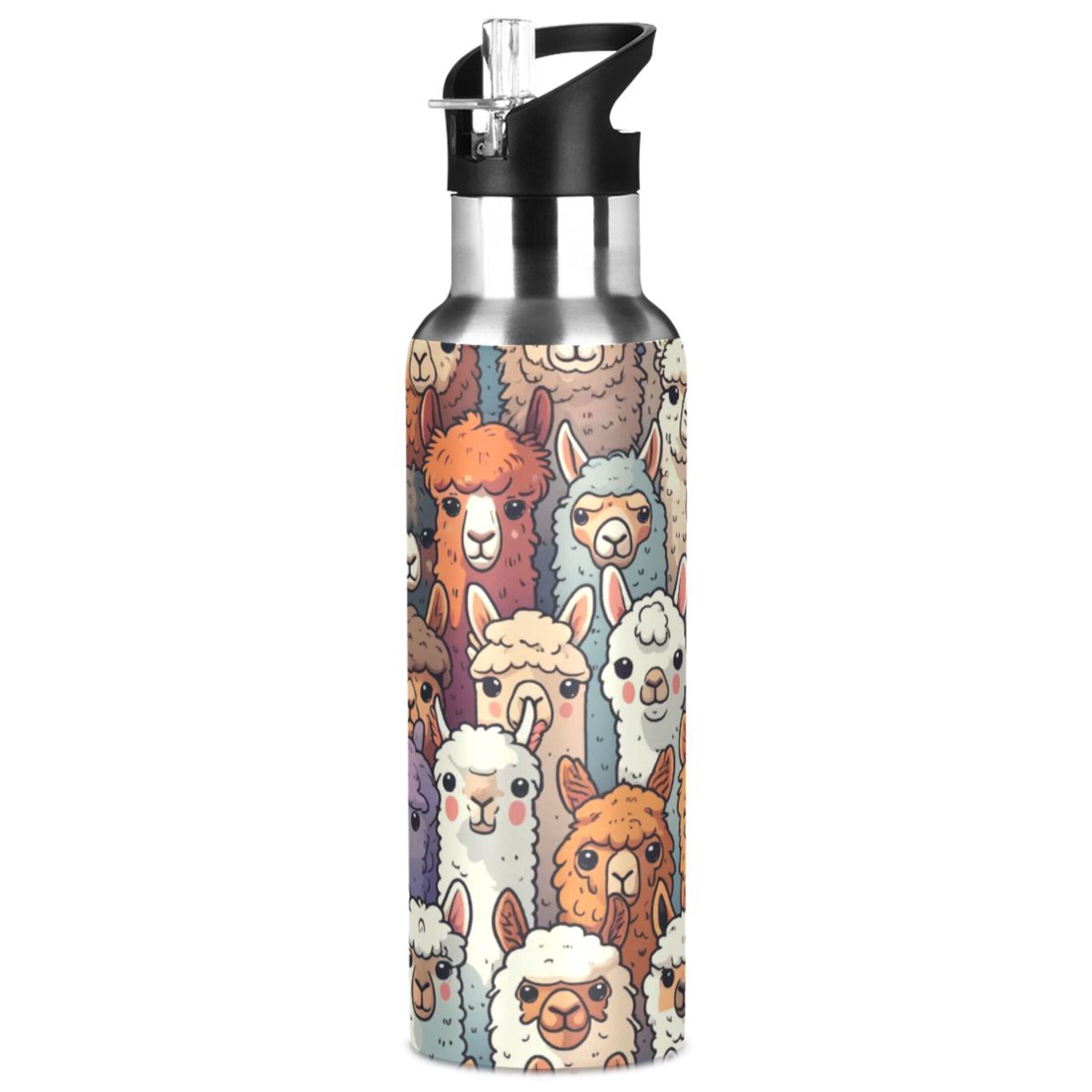 Water Bottles 20oz Straw Lid Wide Mouth Stainless Steel for School Sport Travel Alpaca Llama Animal Faces
