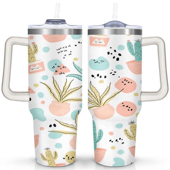 Cactus 40 Oz Tumbler with Handle Lid and Straw, Stainless Steel Double Walled Vacuum Insulated Cup, Cute Anniversary Wedding Birthday Gifts Tumbler for Women Men Friends Outdoor Indoor