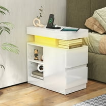 JOIVI LED Nightstand with Charging Station, 2-Drawers High Gloss Bedside Table, Modern End Side Table with LED Lights, White