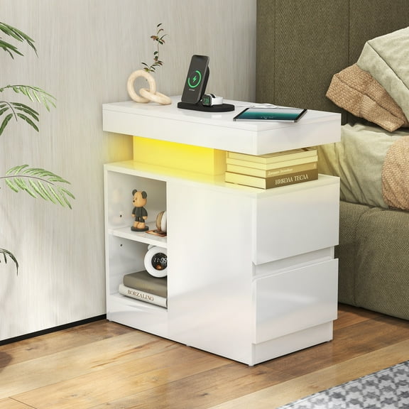 JOIVI LED Nightstand with Charging Station, 2-Drawers High Gloss Bedside Table, Modern End Side Table with LED Lights, White