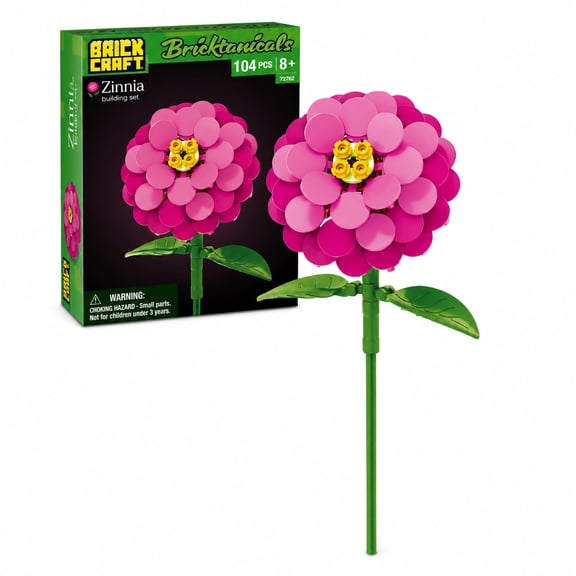 Brickcraft Zinnia Building Kit, Adjustable Flower Display with Layered Pink Petals, 104-Piece Set for Ages 8