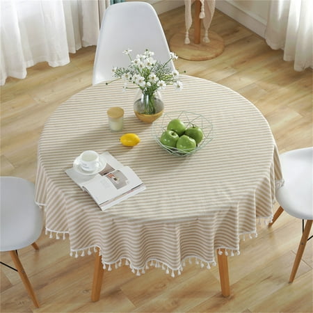 

Striped Round Tablecloth Plain Tassel Tablecloth Table Cloth Cotton Linen Tablecloth Cover Towel Tablecloth(Beige)