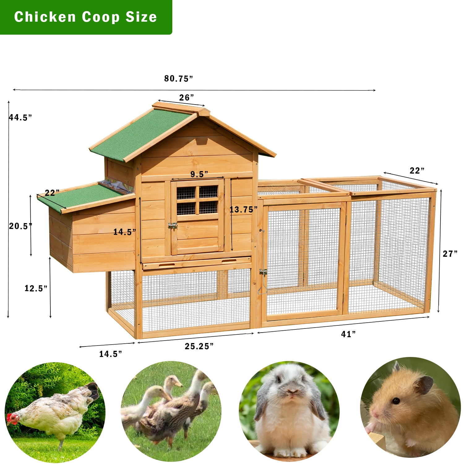 Chicken Coop for 2-4 Chcikens Outdoor Wooden 80'' Rabbit Hutch Poultry House with Chicken Run Cage, Egg Box & Waterproof Roof for Garden Backyard