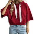 thumbnail image 2 of LEKWK Cropped Hoodie Women Drop Shoulder Short Sleeve Sweatshirt Drawstring Loose Fit Pullover Tops with Pocket Fall Casual Activewear Red M, 2 of 7