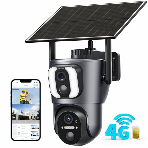 Conico 4G LTE Cellular Security Camera, Dual Lens Solar Powered Wireless Outdoor Camera, 2K HD Color Night Vision, PIR Motion Detection, 2-Way Audio, Waterproof, No WiFi Needed for Home Farm RV