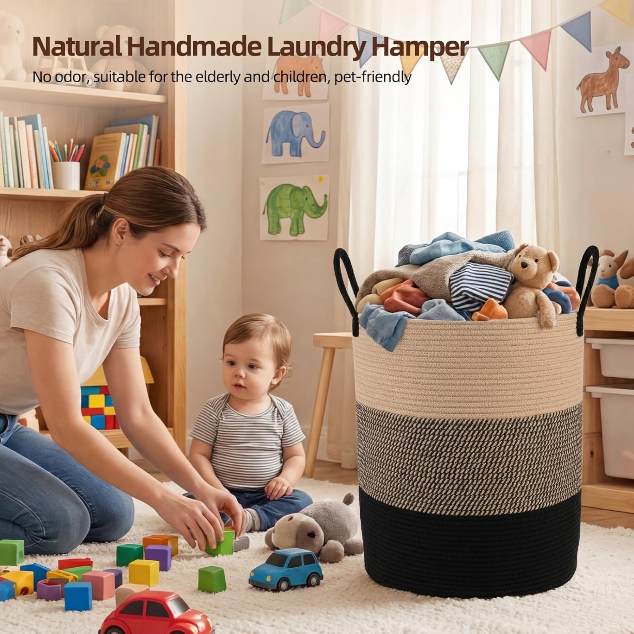 Laundry Basket, Woven Cotton Rope Laundry Hamper for Decor Storage of Dirty ClothesToys and Blankets in Bathroom, Baby Room and Living Room