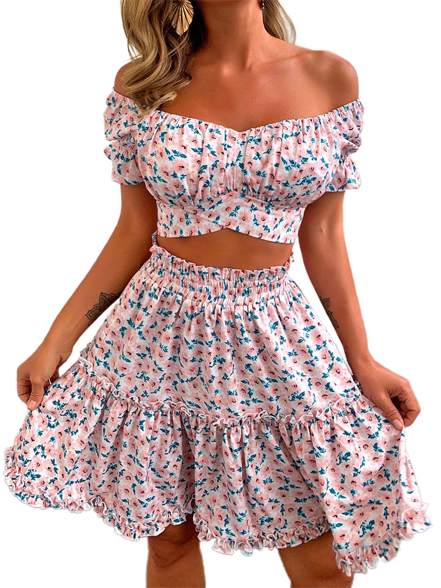Womens Summer Fashion O-Neck T-Shirt top Skirt Two-Piece Casual Comfortable Dress