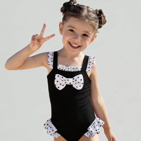 Xijirk Girls' Polka Dot Bow One-Piece Swimsuit Toddler Ruffle Swimwear for Beach & Pool,6-7 Years