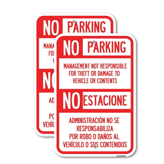 (2 Pack) No Parking Management Not Responsible for Theft or Damage to Vehicle or Contents | 12" X 18" Heavy-Gauge Aluminum Sign | Rust Free Aluminum, Weather Resistant, Waterproof, Fade
