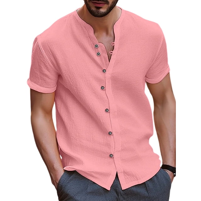UKAP Mens T Shirt Stand Collar Tops Short Sleeve Shirts Solid Color Vacation Tee Pink 3XL