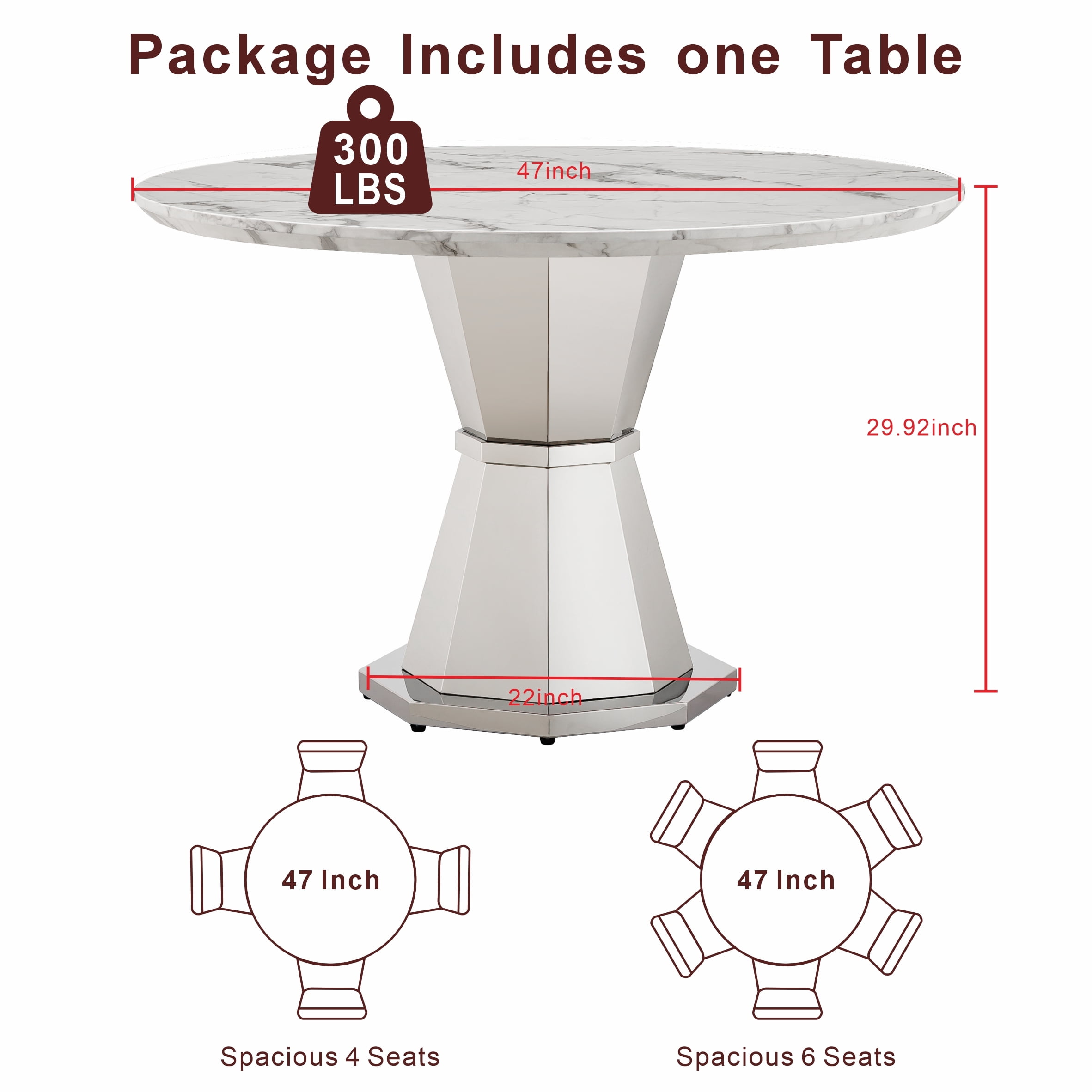 Shikeyi 47" Round Marble Dining Table for 4-6, Luxury Modern Kitchen Table with Marble Grain MDF Tabletop & Silver Mirrored Stainless Steel Pedestal Base for Dining Room, White (Table Only)