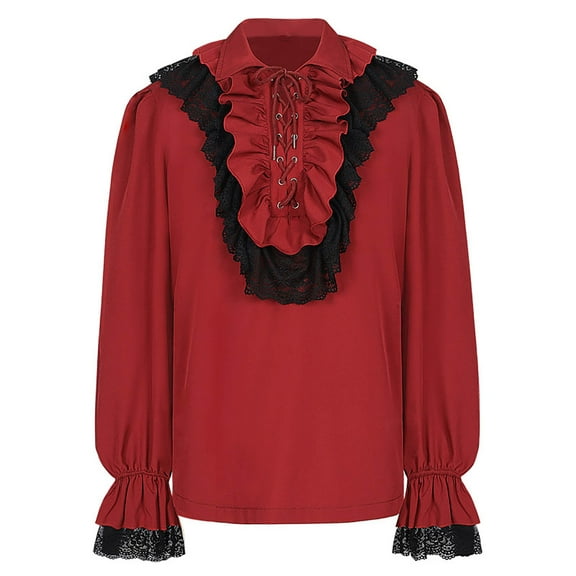 YUGYXL Unisex Pirate Shirt Women Ruffle Renaissance Blouses Vintage Ruffle Gothic Medieval Tops Red L