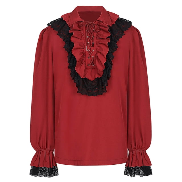 SROBPTY Womens Long Sleeve Shirts, Ladies Long Sleeve V-Neck Solid Color Ruffled Renaissance Top Red, L