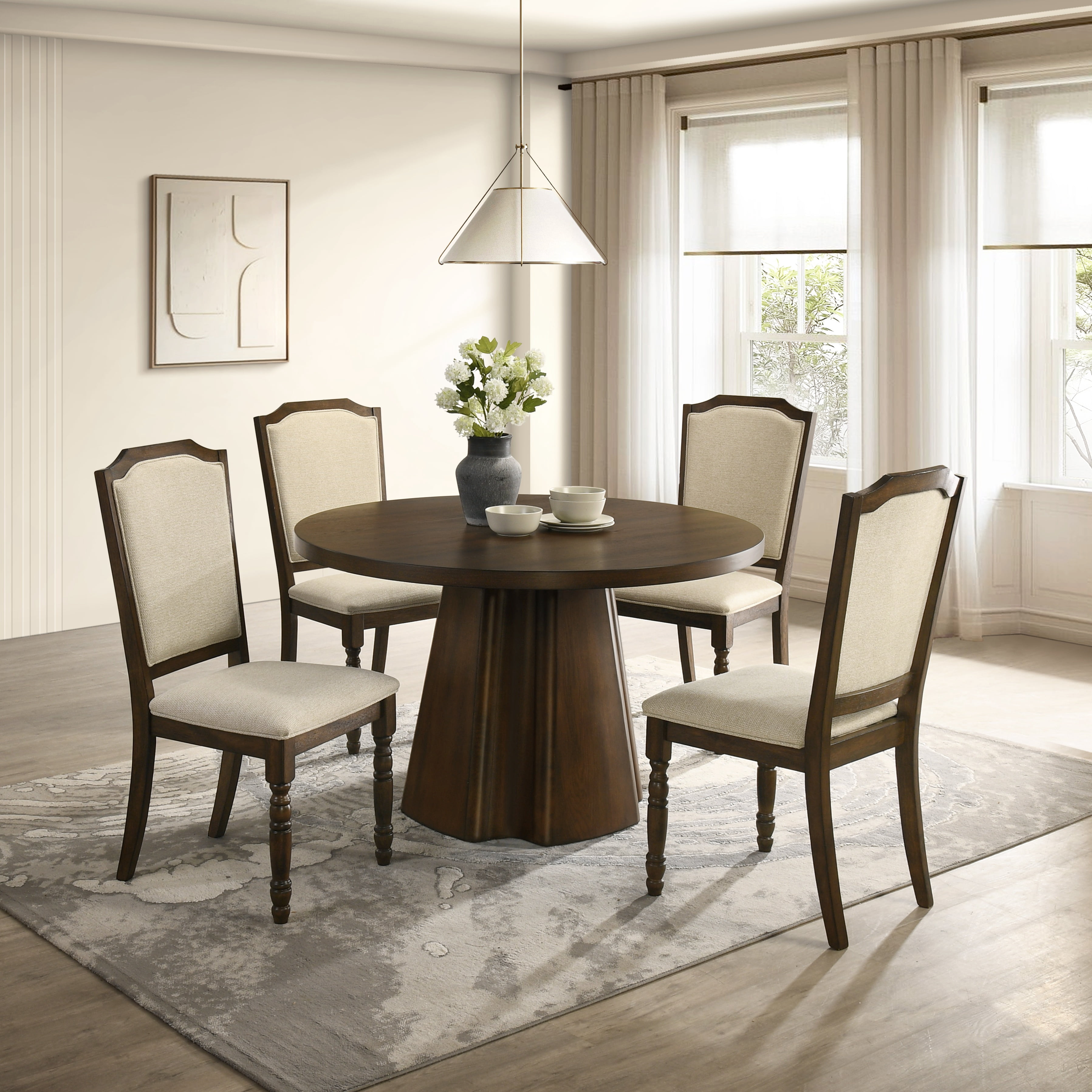 Roundhill Furniture Fantail 5-Piece Dining Set, Round Dining Table with 4 Iris Chairs, Walnut Finish