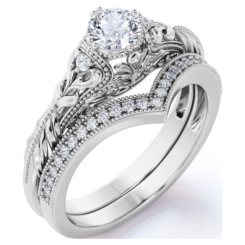 JeenMata Engraved 0.75 Carat Round Cut Lab Grown Diamond Victorian-Inspired Wedding Ring Set with Chevron Wedding Band in 10k White Gold