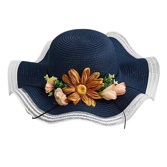 UTSJKR Women's Sunflower Floral Straw Sun Hat, Wide Brim Foldable UPF 50 Beach Vacation Fashion Cap Navy
