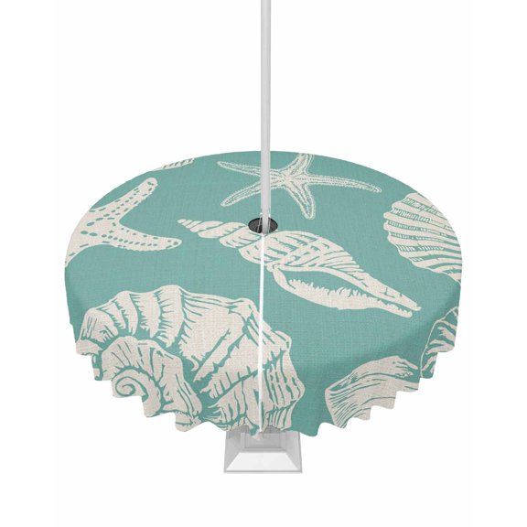 Outdoor Tablecloth with Umbrella Hole and Zipper Shell Starfish Round Tablecloths 60 Inch Waterproof Turquoise Coastal Coral Conch Patio Table Cover for Outdoor Tables Picnic BBQS Party Decor
