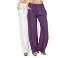 thumbnail image 2 of Wancir 2PC Womens Linen Wide Leg Pants Casual Loose Drawstring Low Waist Beach Palazzo Harem Pants with Pockets, 2 of 7