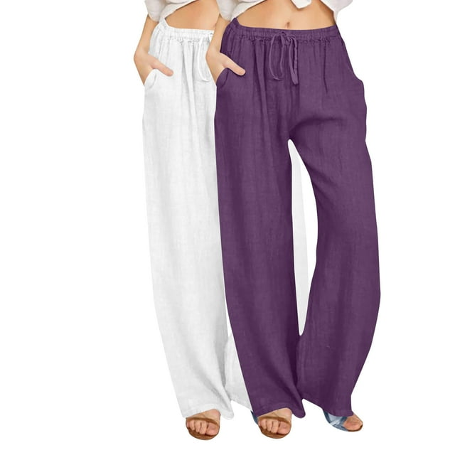 GigrtiJin 2 Pack Womens Lounge Long Pants Solid Color Drawstring Elastic Wasit Wide Leg Pants with Pocket Trendy Lounge Pants