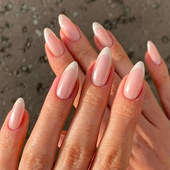 Glossy Press on Nails Medium Almond French Fake Nails, Pink Acrylic False Nails with Shimmer Effect and White Tip Design Glazed Artificial Nails for Women and Girls, 24Pcs Ombre Apricot 08-Pearlescen