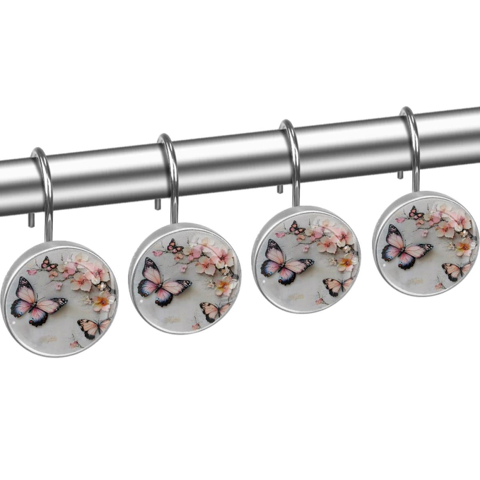 Pink Butterfly Cherry Blssom Branch Shower Curtain Hooks Round Crystal Glass, Set of 12 Shower Curtain Rings - Shower Hooks for Curtain Shower Rings